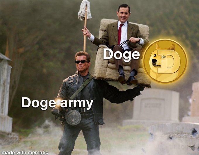 A meme image with the text 'Doge army' over a muscular figure carrying a chair with a person labeled 'Doge' and a Dogecoin logo.