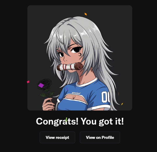 The image shows an anime-style character with silver hair holding a black rose and a cigar in her mouth, wearing a blue jersey with "00" on it, displayed as an NFT acquisition notification reading "Congrats! You got it!" with options to "View receipt" and "View on Profile." This visually represents the celebratory moment of the user's latest NFT purchase, aligning with the post's message about buying one more NFT before June ends amid stable floor prices and shifting community sentiment.