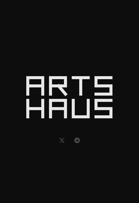 The image displays the "ARTS HAUS" logo in bold white block letters against a black background, with small social media icons (X and Telegram) beneath it. The image likely represents the platform's branding, tying into the post's critique of over-commercializing blockchain art with visible price tags.