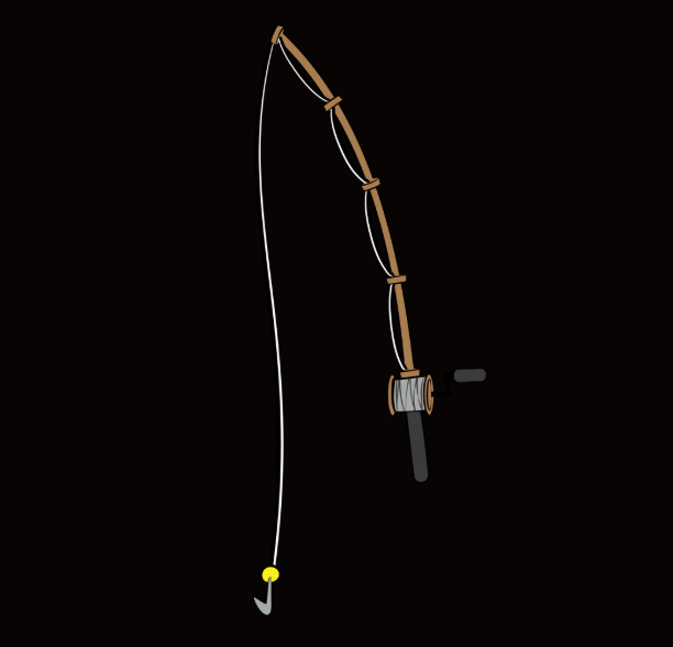 A simple cartoon-style drawing of a fishing rod with a wooden handle, reel, and line dangling a yellow bobber and hook against a black background.