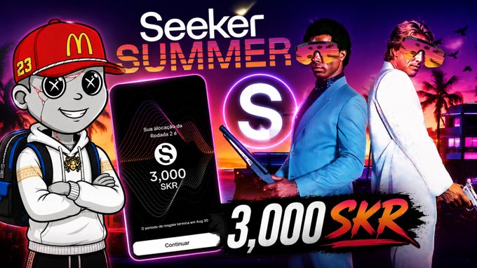 The image is a promotional graphic for "Seeker Summer" featuring a cartoon character wearing a McDonald's-style cap with "23," alongside two figures in sunglasses resembling retro Miami Vice-style aesthetics, with a phone screen displaying a 3,000 SKR token reward. The bold "3,000 SKR" text and Seeker "S" logo emphasize the giveaway prize mentioned in the post, which celebrates completing all 8 levels of the Seed Vault Wallet challenge on Solana Mobile.