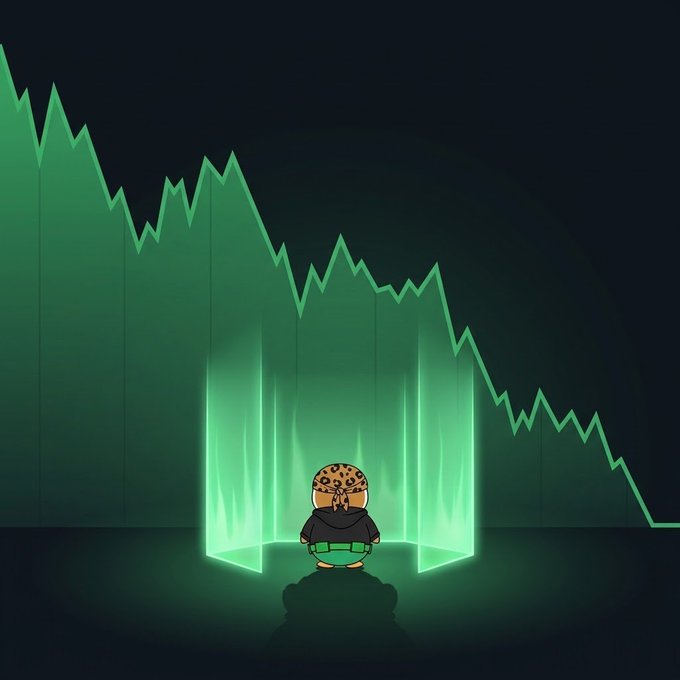 A stylized illustration of a small cartoon character standing in a glowing green light with a downward-trending green chart line in the background.