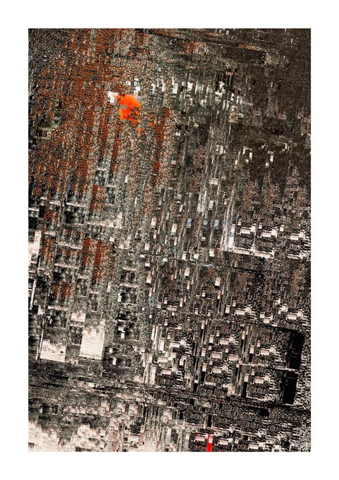 An abstract artwork featuring textured black, white, and brown vertical patterns with a single orange spot near the top.