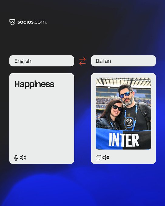 A screenshot of the socios.com translation app showing the English word 'Happiness' with an Italian translation accompanied by a photo of two Inter Milan fans holding an 'INTER' flag.