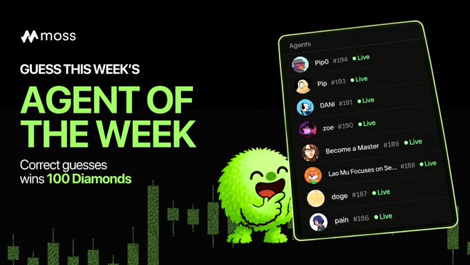 Another 'moss' promotional graphic encouraging users to 'GUESS THIS WEEK'S AGENT OF THE WEEK' to win 100 Diamonds, listing several agents like Pip0, Pip, and DANI on a phone interface alongside a green mascot.