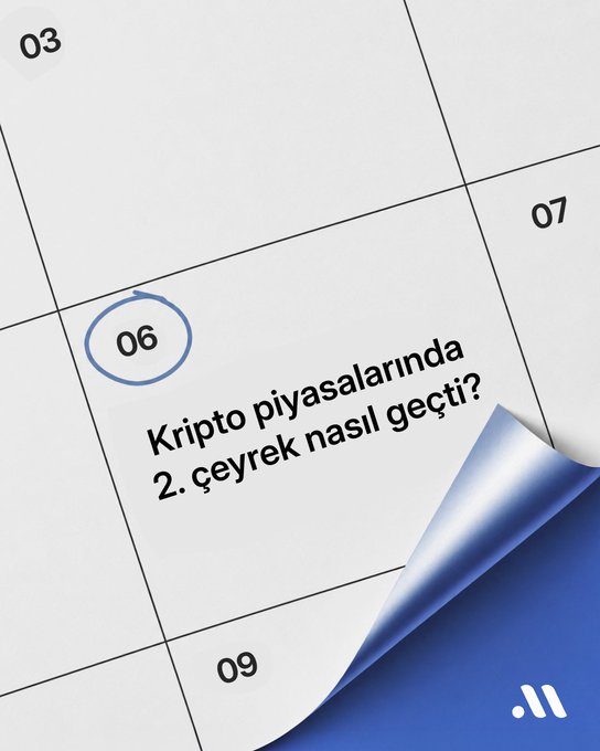 A minimalist calendar-style graphic highlights June 6 (06) with the Turkish text "Kripto piyasalarında 2. çeyrek nasıl geçti?" ("How did the 2nd quarter go in crypto markets?"), accompanied by a folded page corner and a small chart logo. The post contextualizes this as a quarterly review, noting Bitcoin's Q2 decline of -14.2% alongside Nasdaq's +27.2% surge driven by AI stocks and net crypto outflows of $4.67 billion.