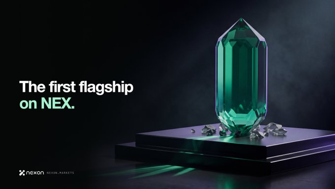 Promotional banner for Nexon Markets (NEX) with a large green crystal on a pedestal and the text 'The first flagship on NEX.'