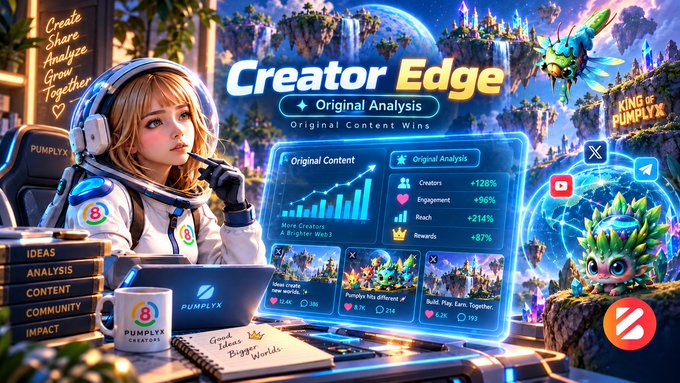A vibrant promotional graphic titled 'Creator Edge - Original Analysis' featuring an anime-style character in a space helmet, with stats showing +128% Creators, +96% Engagement, +214% Reach, and +87% Rewards, alongside the 'King of Pumplyx' branding.