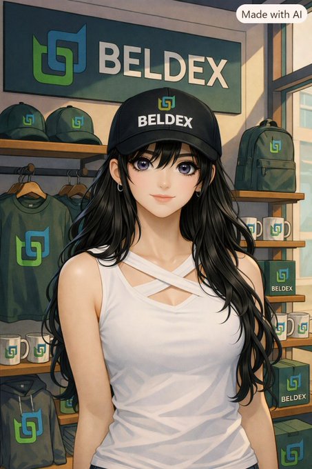 An anime-style illustration of a black-haired woman wearing a white tank top and a black 'BELDEX' cap, standing in front of merchandise displaying the Beldex logo, labeled 'Made with AI'.