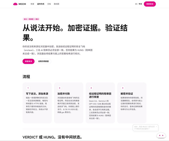 Screenshot of the MOCHI platform website in Chinese, titled '从说法开始。加密证据。验证结果。' explaining a process with a verdict or hung outcome using AI judges.
