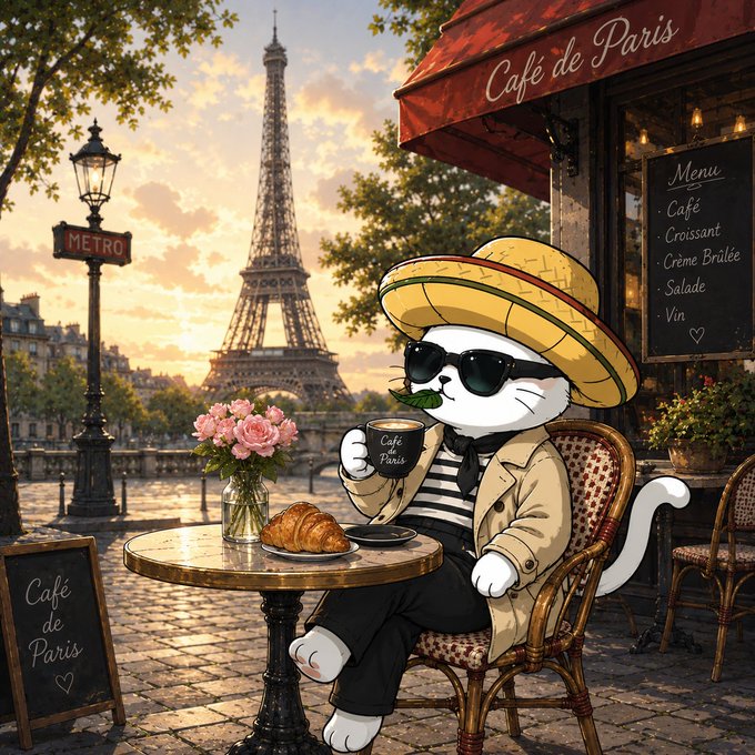 The image features a cartoon cat sitting at an outdoor table with food, wearing sunglasses and a straw hat. There are two chairs visible around the table where the cat is seated. The scene takes place outdoors near a cafe or restaurant, possibly Parisian in nature due to the presence of the Eiffel Tower.