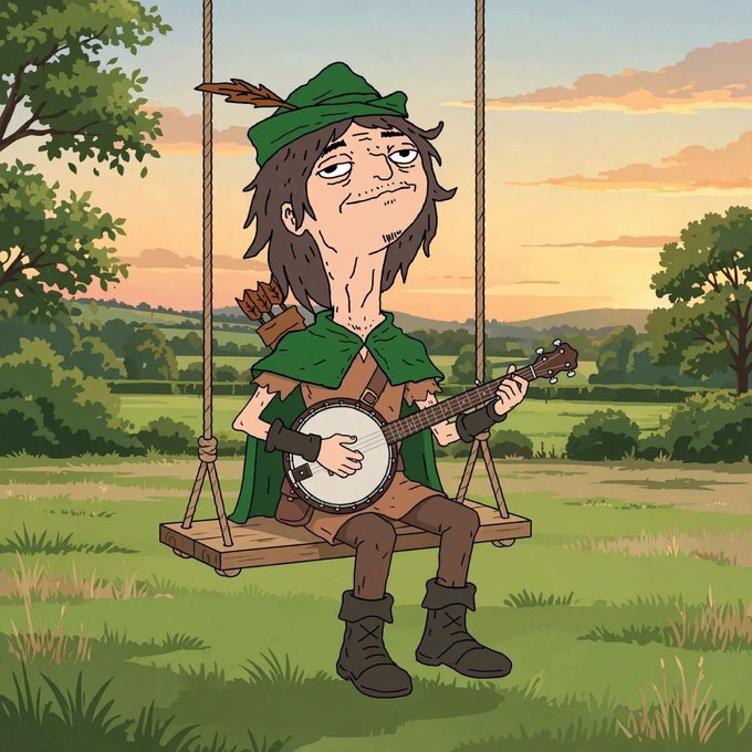 A cartoon illustration of a shaggy-haired character in a green Robin Hood-style hat and cape, sitting on a wooden swing while playing a banjo in a countryside setting.