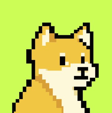 A simpler pixel art version of an orange and white Shiba Inu dog against a green background.