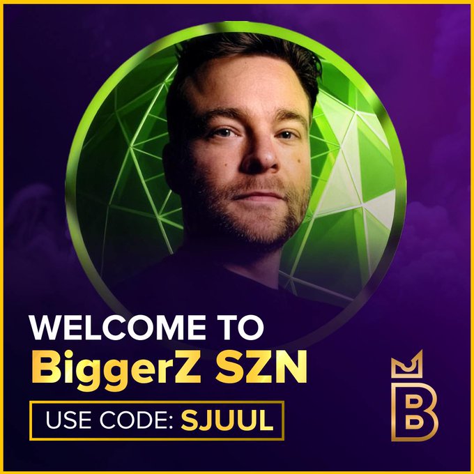 The image is a promotional graphic featuring a man with short brown hair and a beard, shown from the shoulders up inside a green circular frame with geometric line designs, set against a dark purple background with subtle smoke effects. Bold text reads "WELCOME TO BiggerZ SZN" with a promo code "USE CODE: SJuul" displayed below in a bordered box, and a gold "B" logo appears in the bottom right corner, tying directly to the post announcing a new partnership with BiggerZ.