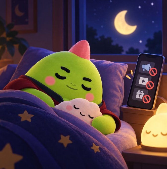 A 3D illustration of a cute green character with a pink mohawk sleeping in bed next to a smaller white fluffy character, with a night light on a bedside table and a smartphone displaying crossed-out notifications.
