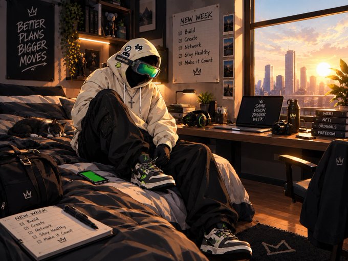 An AI-generated image of a person in a white hoodie, black ski mask, and green ski goggles sitting on a bed in a room with a "BETTER PLANS BIGGER MOVES" poster, a "NEW WEEK" checklist (Build, Create, Network, Stay Healthy, Make it Count), and a window showing a sunset cityscape.