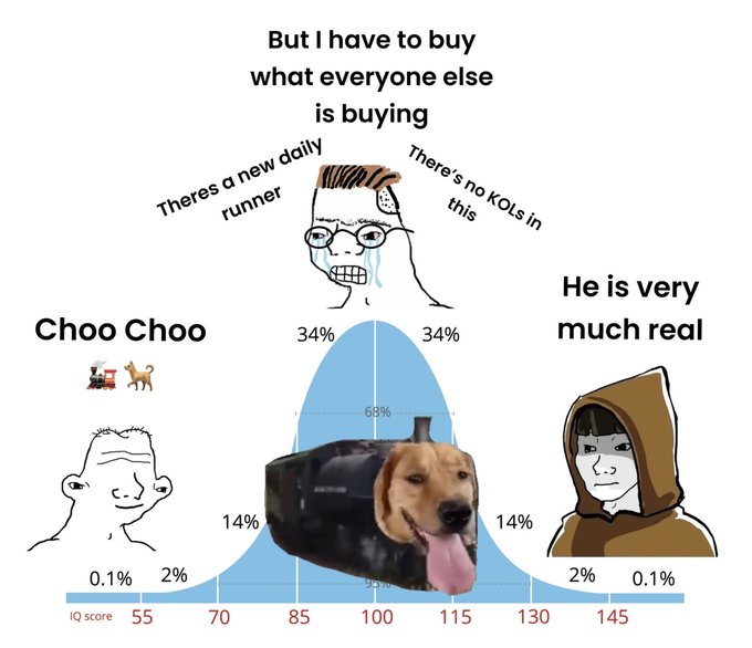 A humorous IQ bell curve meme featuring various wojak-style drawings, including one labeled 'Choo Choo' and another 'He is very much real', referencing buying what others are buying.