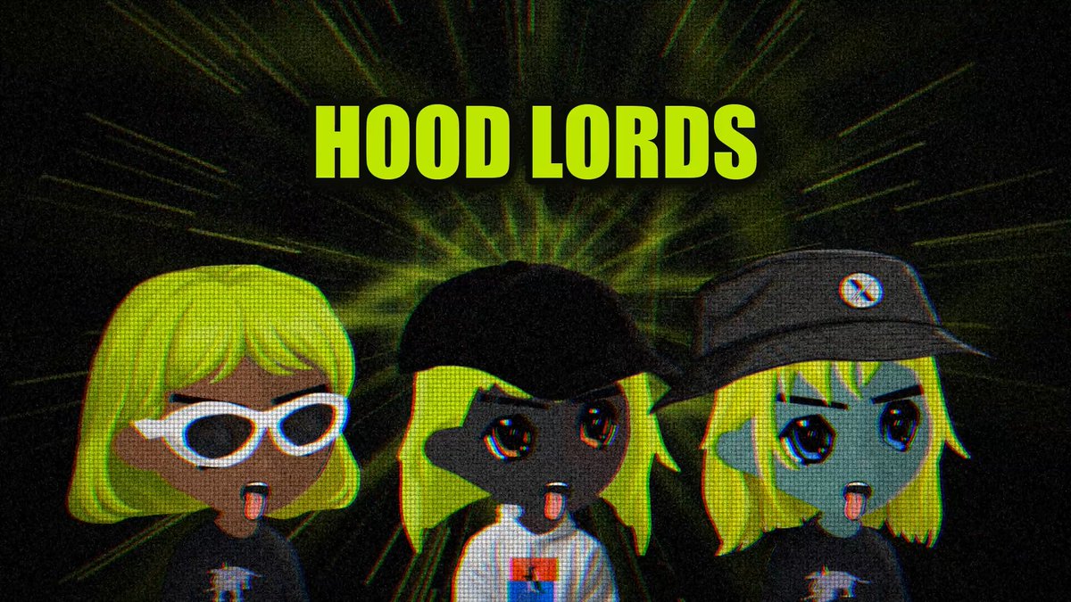 A stylized illustration titled 'HOOD LORDS' featuring three anime-style characters with yellow hair against a dark, radiating green background.