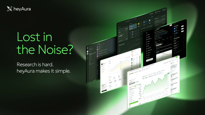 A promotional banner for "heyAura" featuring the tagline "Lost in the Noise? Research is hard. heyAura makes it simple," displayed alongside mockups of the platform's dashboard screens showing crypto analytics, charts, and data tracking interfaces against a green gradient background. The image visually reinforces the post's message about simplifying crypto research by showcasing heyAura's clean, organized dashboards as an alternative to the overwhelming chaos of scattered bookmarks, Discord servers, and alpha groups.