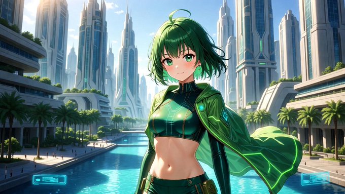 An anime-style illustration of a green-haired female character in a green outfit standing in a futuristic city with tall skyscrapers and a canal.