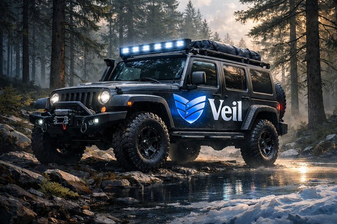 A black off-road Jeep with a light bar and roof rack is parked in a forested area, featuring a blue 'Veil' logo on its side.