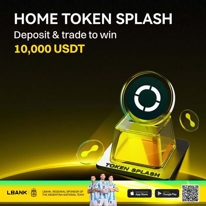 LBank's "HOME Token Splash" promotion ad offers a 10,000 USDT prize pool for depositing and trading $HOME, featuring a glowing trophy and the Argentina National Team jerseys (10 and 9) at the bottom, which corresponds to the post's details about newcomer rewards and trading reward pools for $HOME spot trades.