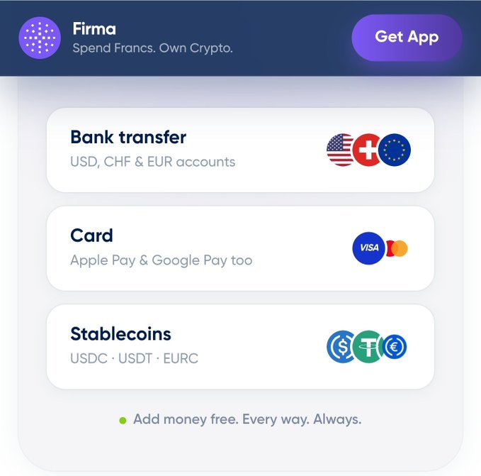 The Firma app interface displaying payment options: Bank transfer (USD, CHF & EUR), Card (Apple Pay & Google Pay), and Stablecoins (USDC, USDT, EURC), with the tagline 'Add money free. Every way. Always.'