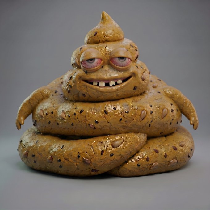 A cracked, glittery golden-brown poop emoji figure with a wide toothy grin, droopy pink eyes, and a swirl tip sits coiled like a snake against a gray background, embodying the cheeky "Poopy Poop Friend" profile-picture challenge.
