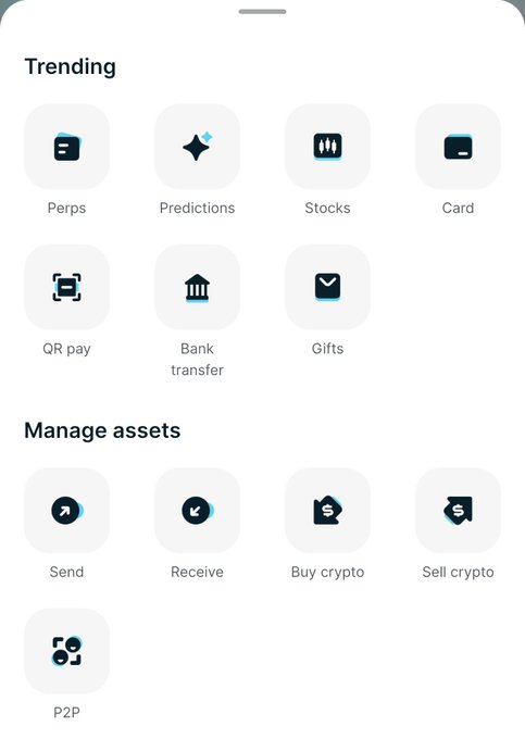 A mobile app interface displaying a "Trending" section with options like Perps, Predictions, Stocks, Card, QR pay, Bank transfer, and Gifts, along with a "Manage assets" section featuring Send, Receive, Buy crypto, Sell crypto, and P2P features. The image showcases the diverse functionality of the BitGet cryptocurrency platform as highlighted in the post.