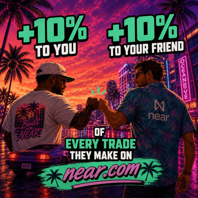 The image features two men standing next to each other with their arms around one another, possibly greeting or celebrating something. The background includes palm trees and a city skyline at sunset, creating an urban atmosphere. In the bottom right corner of the image, there is text that reads "GTA 6 is LIVE on near.com! Just kidding. It was supposed to be released today, but as a consolation referrals are live on near.com." This suggests that the men in the image might have been referred to by someone else or they may have won an event at the GTA6 convention and decided to celebrate with their friends.
