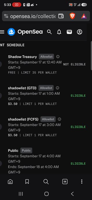 The screenshot shows an OpenSea mint schedule page for the "Shadowwist" NFT collection, displaying multiple mint phases including Shadow Treasury (free), shadowwist (GTD) at $3.50, shadowwist (FCFS) at $3.50, and Public, with eligibility statuses marked in green. The image visually confirms the poster's surprise that the Shadowwist mint isn't free as expected, showing the $3.50 price tag for the early phases despite the free "Shadow Treasury" phase, while indicating "NOT ELIGIBLE" for the free mint—supporting their message of disappointment and appeal to "Shadow."