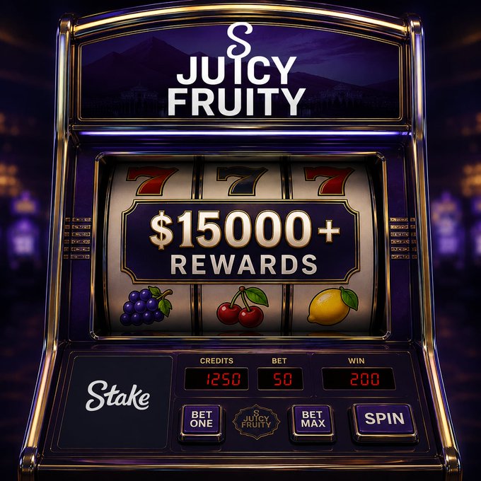 A slot machine-themed promotional graphic for 'Juicy Fruity' by Stake, showing $15000+ rewards, 7-7-7 symbols, fruit icons, and a display showing credits 1250, bet 50, and win 200.