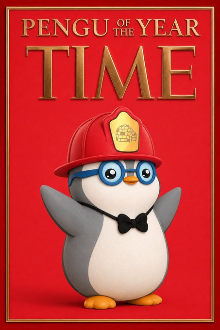 A 'Pengu of the Year TIME' magazine cover parody featuring a penguin wearing a red firefighter helmet, blue glasses, and a bow tie against a red background.