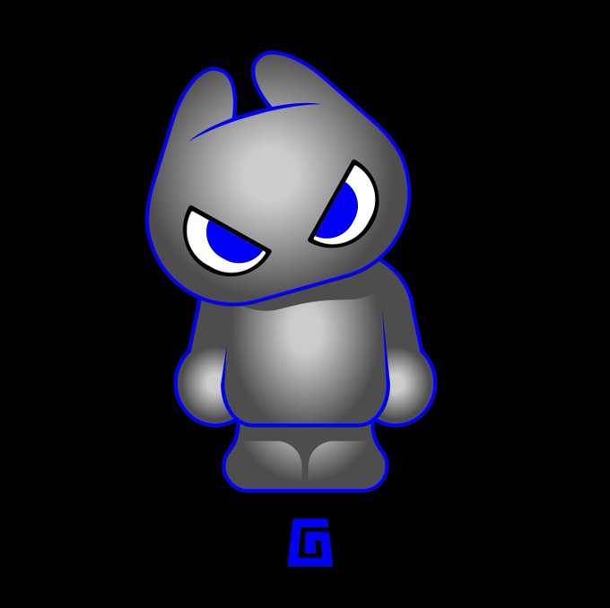A 3D-rendered, stylized gray creature with large blue eyes and a small blue 'G' logo below it, set against a black background.