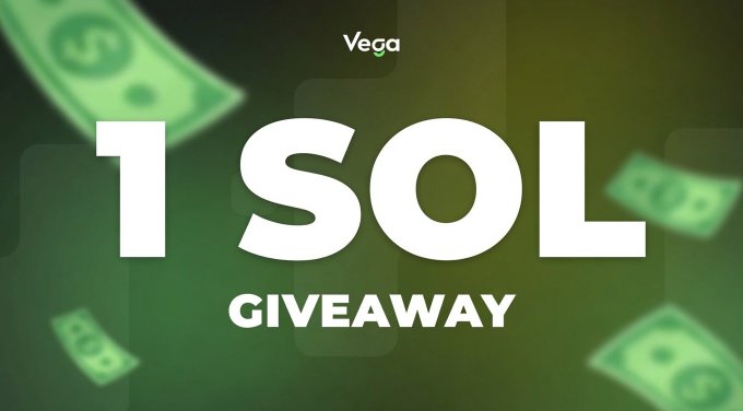 The image features a green background with white text that reads "1 Sol Giveaway" at the top, followed by three dollar bills floating around the words. The text also includes mentions of "vega", "SOL", and "giveaway".