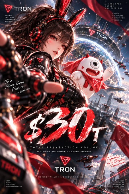 A promotional poster for TRON cryptocurrency featuring an anime-style female character with mechanical armor and bunny ears alongside a small mascot, advertising '$30T TOTAL TRANSACTION VOLUME' and 'A MORE OPEN FUTURE FOR EVERYONE.'
