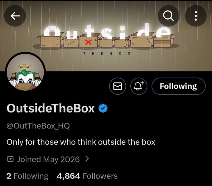 A Twitter/X profile for "OutsideTheBox" (@OutTheBox_HQ) is displayed, showing 4,864 followers and a "Following" status. The banner features the text "outside the box" with cartoon-style illustrations, and the account bio reads "Only for those who think outside the box" — aligning with the post's promotion of an early alpha NFT mint for the OutTheBox collection priced at 0.001 ETH on June 29th.