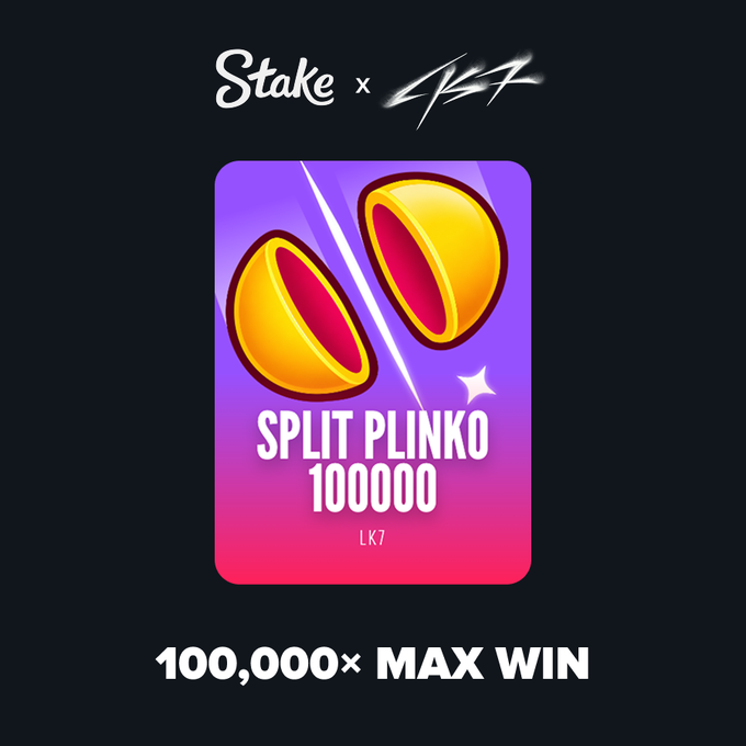 This image promotes "Split Plinko" by Stake and LK7, featuring a 100,000x max win, likely a new game being advertised with the accompanying post.