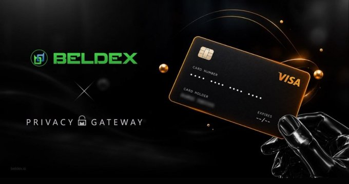 A promotional graphic for 'BELDEX × PRIVACY GATEWAY' featuring a hand holding a black Visa card with a chip, set against a dark background with glowing particles.
