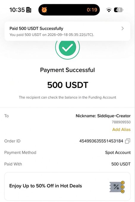 A Binance app screenshot confirming a successful 500 USDT payment to nickname "Siddique-Creator" (UID 788909550) on September 18, 2026, from a Spot Account — serving as proof of one of the $500 transfers promised in the giveaway post.