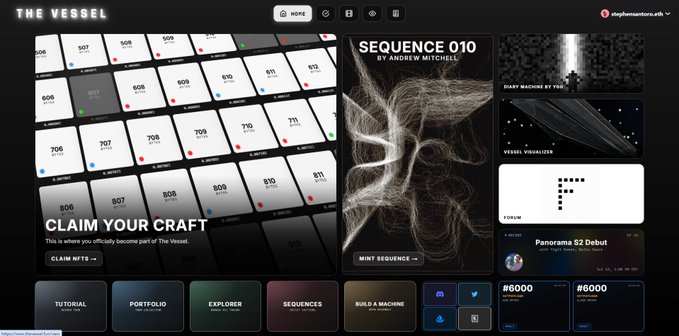 A screenshot of a website titled 'THE VESSEL' displaying a grid of numbered tiles under 'CLAIM YOUR CRAFT', alongside a section titled 'SEQUENCE 010 BY ANDREW MITCHELL' and a 'Panorama S2 Debut' announcement from 'stephenmontfort.eth'.