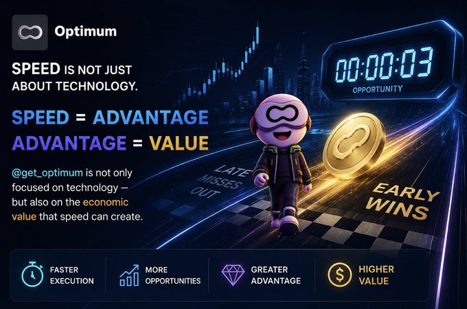 The image features a cartoon character walking along a checkered road, with a clock displaying "00:03" at the top of the scene. The text above the image reads "SPEED = Advantage Advantage = Value @get_optimum is not just about technology - but also on the economic value that speed can create". This suggests that the character's walking pace might be significant in terms of its impact on the overall outcome or success, rather than solely relying on technological advancements.