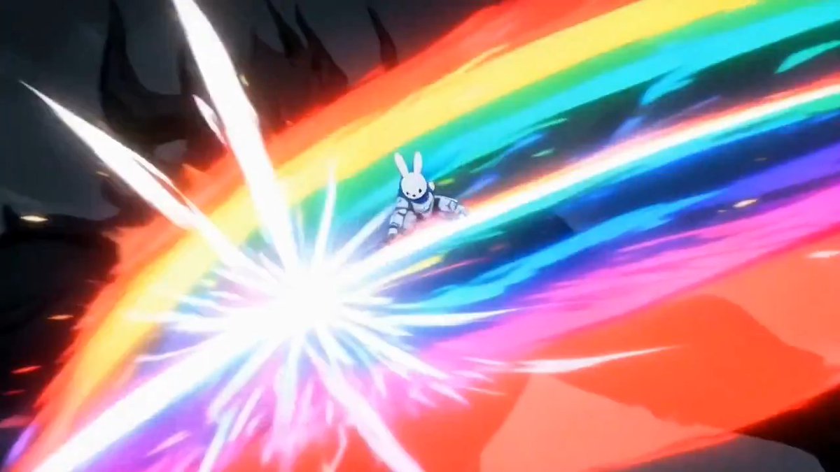 A colorful anime-style illustration showing a character with bunny ears unleashing a vibrant rainbow-colored energy attack with dramatic light streaks.