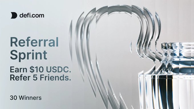 A promotional advertisement for defi.com titled "Referral Sprint," offering $10 USDC for referring 5 friends, with 30 winners and an image of a glass sculpture.
