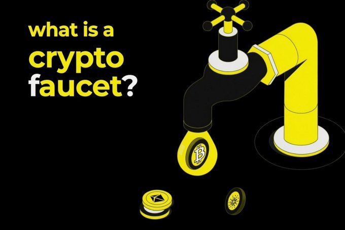 A bold yellow-and-black graphic poses the question "what is a crypto faucet?" alongside an illustration of a dripping faucet dispensing Bitcoin coins. The image serves as a general explainer visual for the Awarizon faucet's "$RIZ Claim" feature being relaunched on testnet.