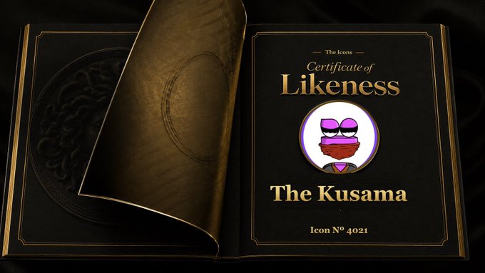 A 'Certificate of Likeness' for 'The Kusama' (Icon No. 4021) from The Icons collection, featuring a purple cartoon character.