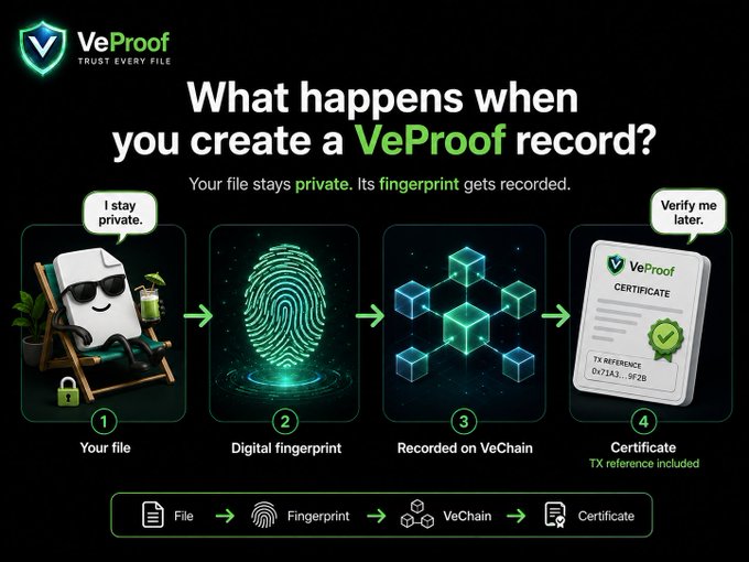 An informational infographic for 'VeProof' explaining the file verification process across four steps: Your file, Digital fingerprint, Recorded on VeChain, and Certificate.