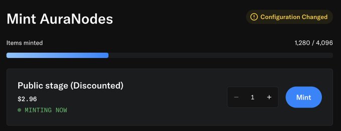Mint interface screen titled 'Mint AuraNodes' showing 1,280/4,096 items minted, with a public discounted stage priced at $2.96 currently minting.