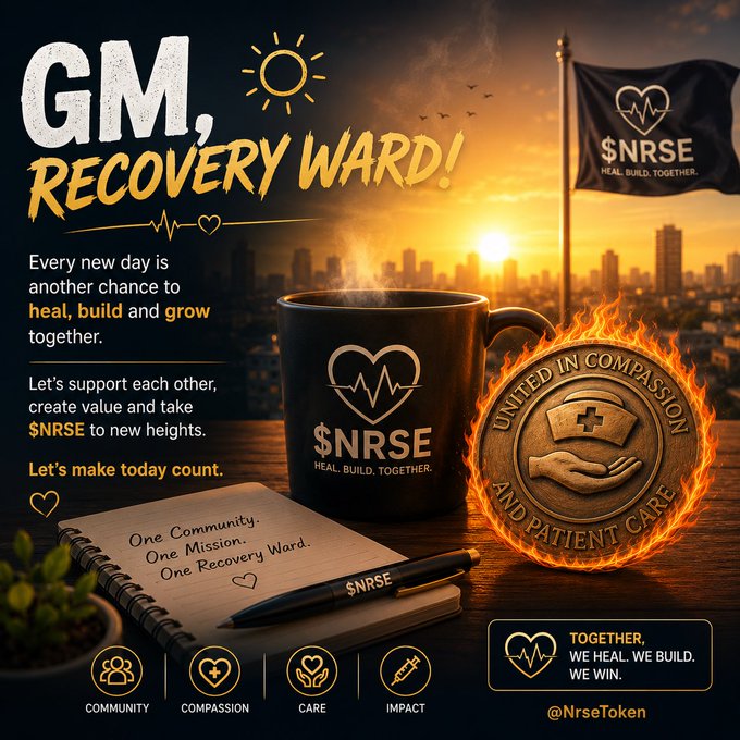 A promotional graphic titled 'GM, RECOVERY WARD!' featuring the $NRSE token logo on a mug and flag, with text 'HEAL. BUILD. TOGETHER.'
