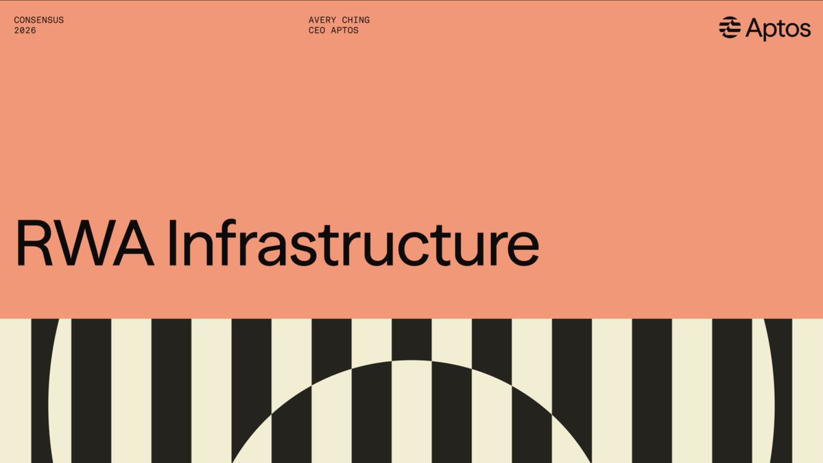 A presentation slide titled "RWA Infrastructure" from Consensus 2026, featuring Avery Ching, CEO of Aptos, set against a coral background with a black and white striped graphic at the bottom. The image visually supports the accompanying post's message about Aptos providing the secure, enterprise-grade infrastructure needed for the rapid scaling of tokenized real-world assets.